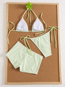 Swim Mod 女款夏季條紋印花掛脖比基尼上衣與三角褲 3 件式泳衣套裝 - 薄荷綠 - 查看 4