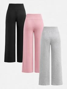 SHEIN 青少年女孩秋冬針織黑色、深灰色、淺灰色高腰寬腰帶修身直筒寬腿長褲 百搭簡約舒適街頭風 3件組 - 彩色 - 查看 10