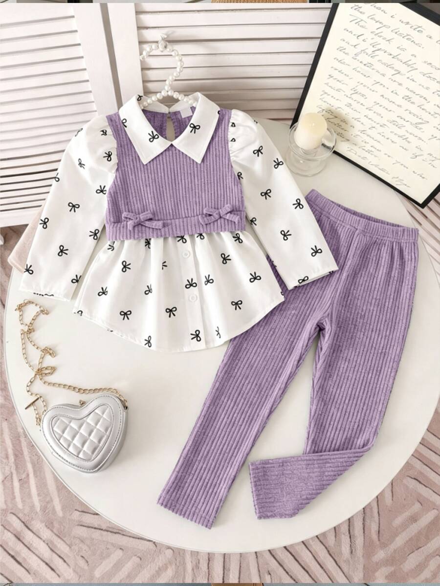 SHEIN 女童 4-7 歲學院風蝴蝶結印花泡泡袖拼接柔軟毛絨羅紋 2 合 1 上衣與彈性腰鬆緊褲 2 件套,秋季時尚休閒套裝,適合學校、戶外、運動及姐妹聚會穿著 - 紫色 - 查看 1