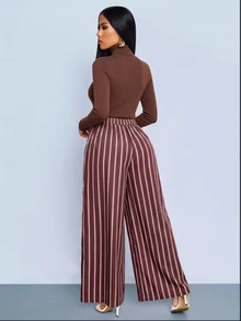 SOLERSUN Women's Brown Striped Wide Leg Pants High Waist Pleated Front With Pockets Elegant Commute Daily - Brown - View 2