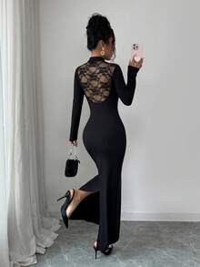 Elenzga Women's Bowknot Lace Long Sleeve Back Slit Dress - Black - View 2