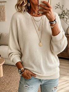 Autumn/Winter New Fashion Casual Basic Round Neck Apricot Textured Pineapple Grid Fabric Batwing Sleeve Plus Size T-Shirt - Apricot - View 1