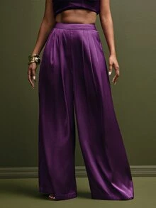 Vixey Women's Solid Color Pleated Wide Leg Loose Elegant Satin Long Pants, Event Dressing, Going Out Outfit, Holiday - Purple - View 2