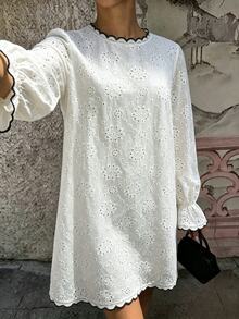 Cévolie 女款時尚優雅刺繡鏤空洋裝 - 白色 - 查看 3