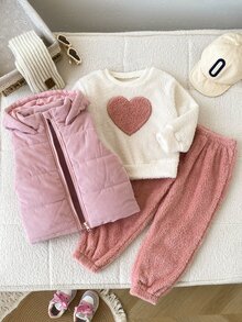 SHEIN 3件組女孩套裝，甜美清新風，愛心貼布裝飾，連帽拉鍊無袖背心，毛絨長袖上衣搭配收口長褲，時尚套裝，適合日常穿著、戶外活動、冬季季節 - 粉色 - 查看 5