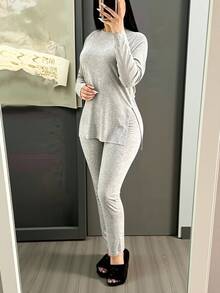 INAWLY Solva Women's Solid Color Long Sleeve Top And Pants Casual Daily 2 Pieces Set - Light Grey - View 3