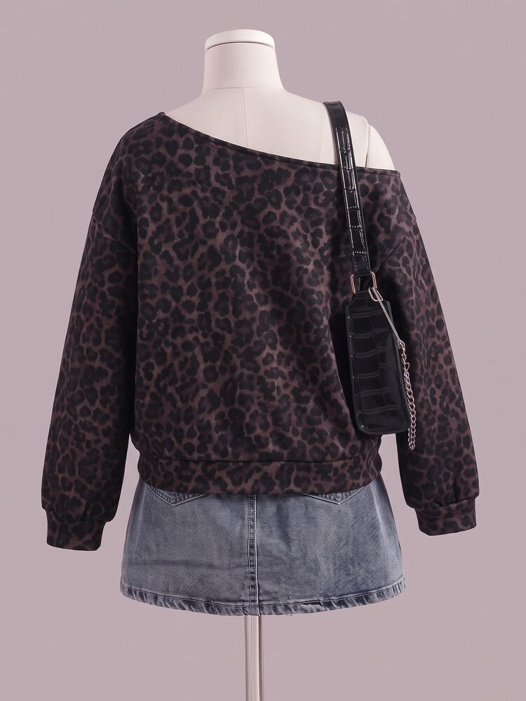 Teen Girls' Y2K Leopard Print Asymmetrical Neck Knit Sweatshirt, Thermal Lined, Autumn/Winter, 1pc - Brown - View 3