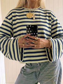 SHEIN EZwear 女款休閒海外風長袖條紋T恤，秋季上衣，適合日常通勤、聚會、秋冬/夏季、聖誕節、新年、感恩節、派對、婚禮、海灘、畢業典禮、優雅、外出、約會、通勤、情人節、優雅、度假、Y2K、畢業典禮等場合，條紋T恤 - 彩色 - 查看 5