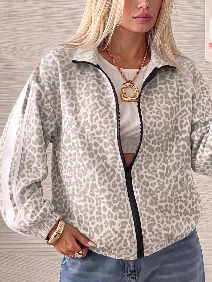 Muchica Women's Leopard Print Drop Shoulder Long Sleeve Zip-Up Casual Lightweight Jacket - Multicolor - View 1