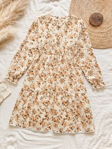 SHEIN Vintaside Kids 青少年女孩長袖碎花洋裝 秋季小復古波西米亞風 家庭套裝鄉村風圓領喇叭裙 感恩節 粉色假期 - 彩色 - 查看 2