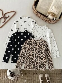 SHEIN Vintaside Kids 4件組少女針織花卉條紋印花荷葉領休閒長袖T恤上衣，適合秋冬穿著，返校休閒長袖素色基本修身款上衣 - 彩色 - 查看 2