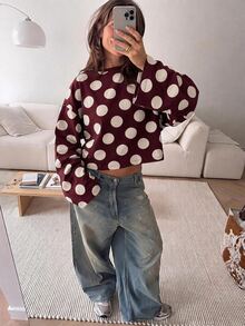 SHEIN EZwear 海外長袖草莓巧克力條紋上衣，秋季襯衫，適合日常通勤、派對、秋冬春夏、聖誕節、新年、感恩節、派對、婚禮、海灘、畢業典禮、優雅、外出、約會、通勤、情人節、優雅、度假、Y2K、畢業典禮等場合 - 彩色 - 查看 6