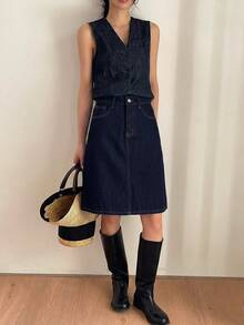 DAZY Women's Regular Mid-Waist A-Line 5-Point Denim Skirt, Casual Elegant Skirt - Dark Wash - View 6