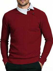 Manfinity Homme Men's Contrast Color Long Sleeve Casual Commuter Versatile Polo Shirt Buttoned Knitted Polo Grey, Formal, Ceremony - Burgundy - View 5