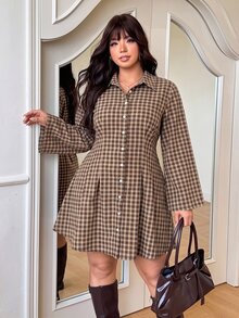 GalTyme Plus Size Streetwear Button Plaid Long Sleeve Dress - Brown - View 3