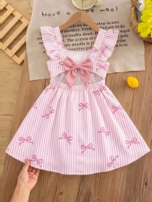 Tween Girl Bow Decor Striped Casual Daily Summer Dress - Multicolor - View 5