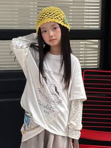 Livesso Tween Girl Letter & Rocking Horse Print Crew Neck 2 In 1 Long Sleeve Casual T-Shirt - White - View 3