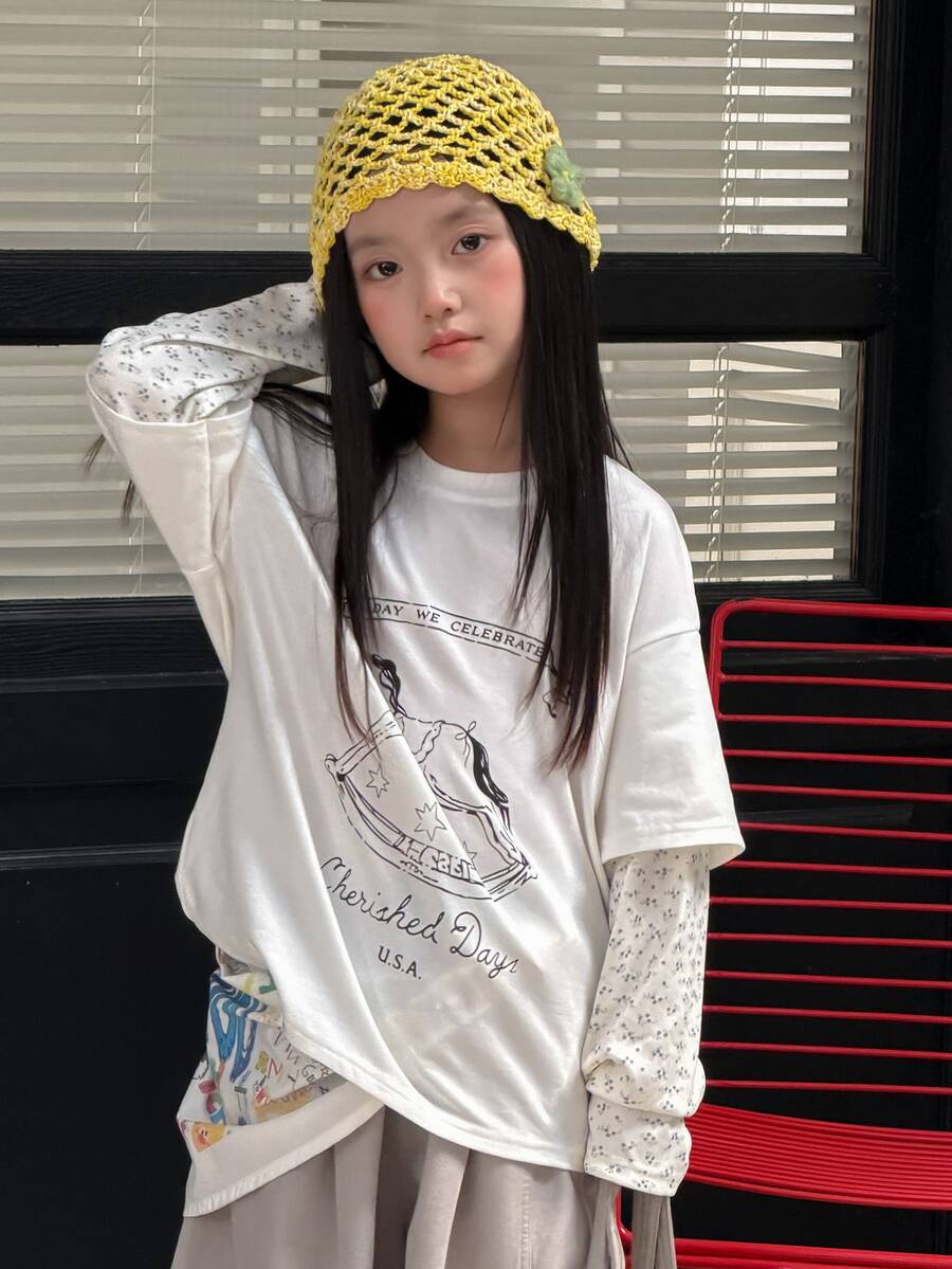 Livesso Tween Girl Letter & Rocking Horse Print Crew Neck 2 In 1 Long Sleeve Casual T-Shirt - White - View 1