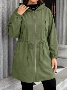 SHEIN LUNE 大尺碼素色連帽前開襟拉鍊休閒長袖外套 秋季服飾 - 軍綠色 - 查看 3