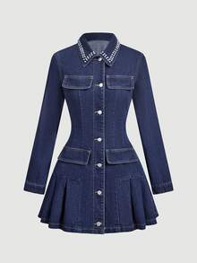 Sweetra Fashion Casual Young Lady Commuter Style Rivet Open Front Button-Up Denim Pleated Dress - Dark Wash - View 1