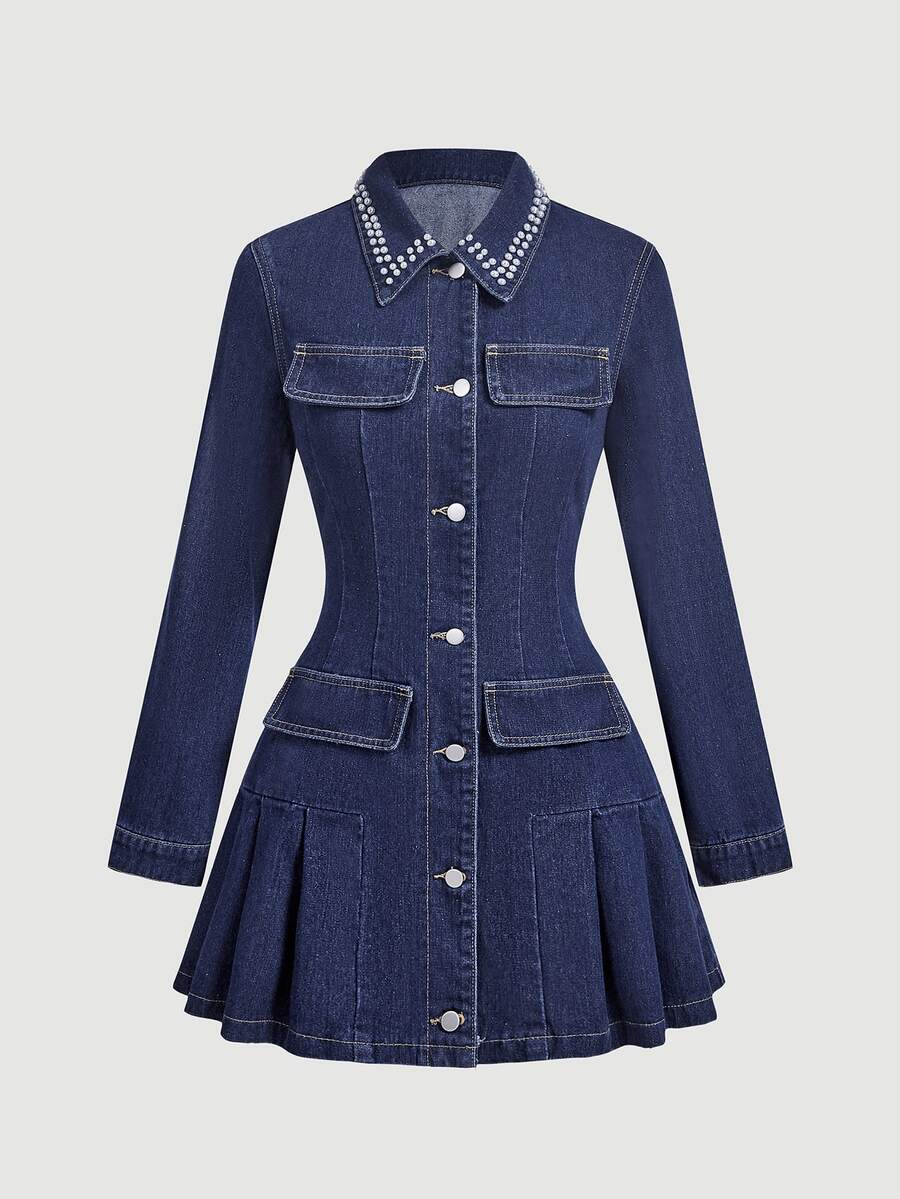Sweetra Fashion Casual Young Lady Commuter Style Rivet Open Front Button-Up Denim Pleated Dress - Dark Wash - View 1