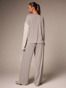 Athîral Women's Loose Fit Brown Striped Pajama Set,Fine Knit,Round Neck Long Sleeve Top,Wide Leg Pants,Autumn,Modern Minimalist,Lounge Home,Women's Set - Grey - View 2
