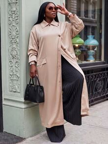 Slaydiva Elegant Commute & Date Champagne Satin Lapel Loose Long Shirt Plus Size Fall - Apricot - View 2