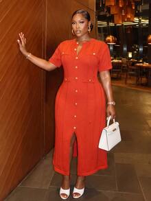 Slaydiva Plus Size Button Front Slit Midi Knit Dress, Short Sleeve Bodycon Elegant Dress - Red - View 4