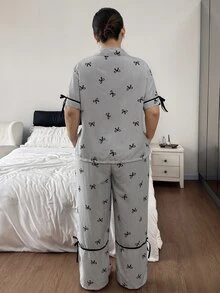 Napfluff CURVE Napfluff CURVE Grey Striped Bow Print Contrast Color Bow Decor Plus Size Women's Open Front Lapel Short Sleeve Long Pants Casual Pajama Set - Black and White - View 2