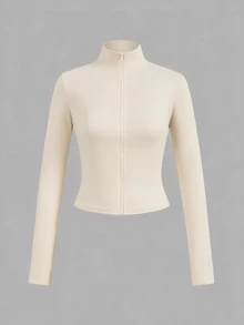 SHEIN EZwear 3件裝休閒極簡風棕色卡其米色針織拉鍊長袖女款T恤，適合秋冬穿著 - 彩色 - 查看 4