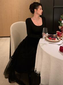 DAZY Women's Solid Color Square Neck Long Sleeve Elegant Mesh Full Skirt Dress - Black - View 2