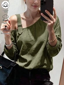 Weeklong 女款大尺碼秋冬休閒不對稱肩長袖棉感寬鬆上衣 - 軍綠色 - 查看 3