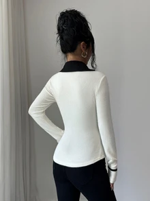 Elenzga French Style Black & White Colorblock Blazer Lapel Fuzzy Ribbed Single-Breasted Gold Button Cinched Cinched Waist Long Sleeve Top - Black and White - View 2