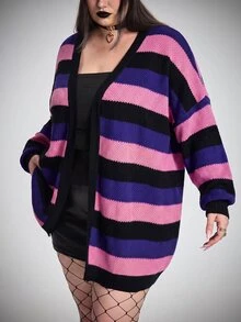 SHEIN CURVE+ 大尺碼哥德龐克萬聖節多色條紋羊毛針織開襟衫，女款秋冬針織衫 - 彩色 - 查看 7