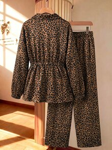 SHEIN LUNE CURVE Women's Plus Size Autumn Leopard Print Zipper Jacket And Pants 2 Pieces Set, Suitable For Daily Wear, Casual And Elegant Fall - Brown - View 2