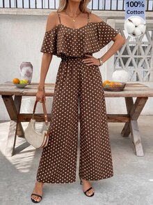 SHEIN Clasi Women's Polka Dot Cold Shoulder Fashion Jumpsuit For Vacation - Coffee Brown - View 5