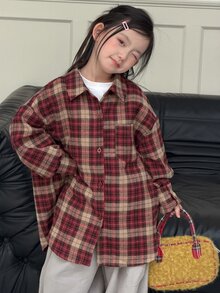DAZY Tween Girl) Plaid Casual Long Sleeve Loose Fit Autumn/Winter Shirt - Red - View 6