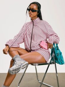 Athîral Women's Striped Long Sleeve Top And Shorts Casual Daily Sports Set - Pink - View 2