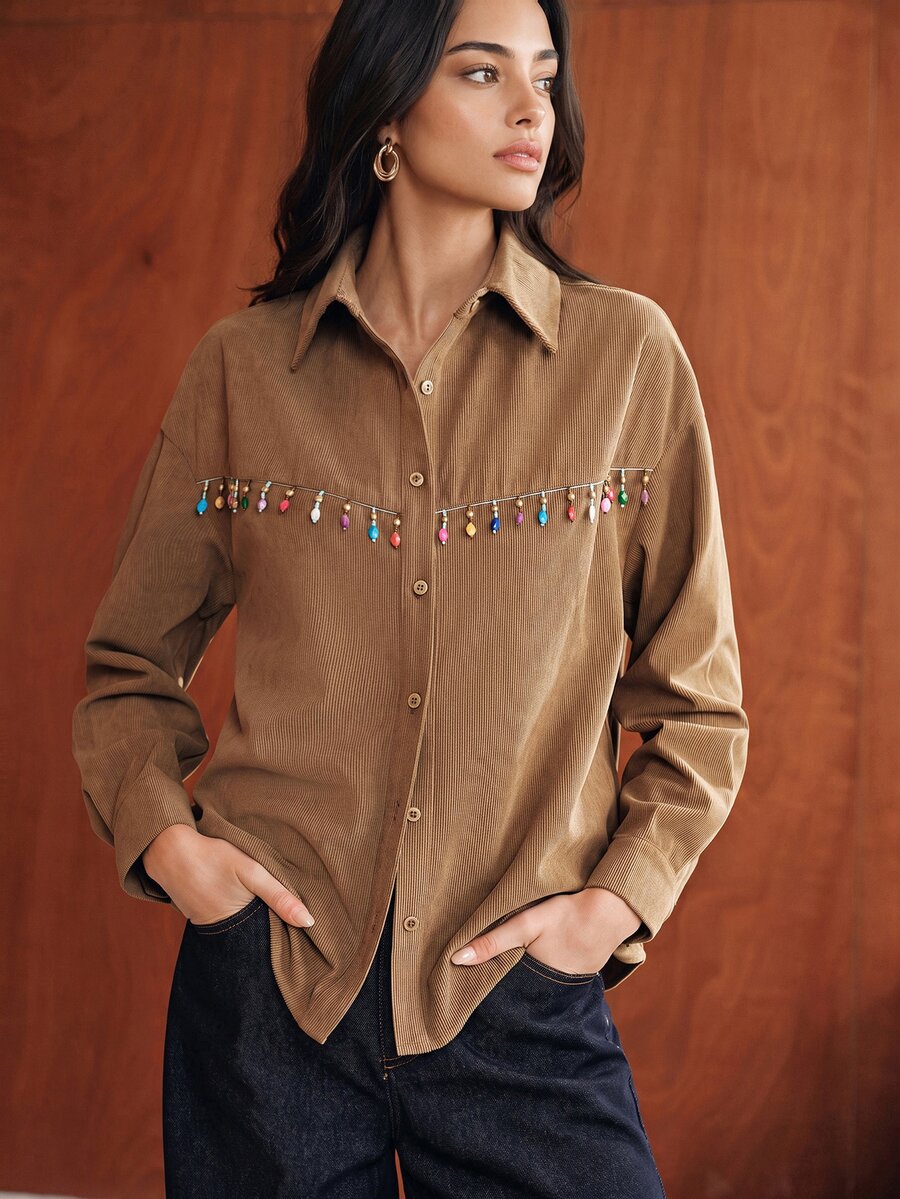 Anewsta Autumn Khaki Color Fashion Modern Commute Casual Patchwork Beaded Decor Corduroy Women's Shirt - Khaki - View 1