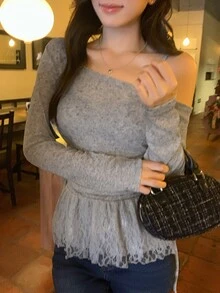 DAZY Grey Asymmetrical Shoulder Fitted Long Sleeve Solid Color Knit Top T-Shirt - Grey - View 1