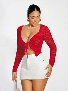 Sirith Women's Sexy Sheer Lace Ruffle Tie-Front Cardigan - Red - View 6