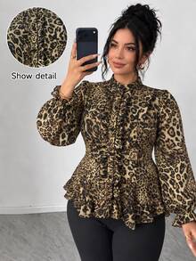 Elenzga Plus Size Stand Collar Slim Fit Elegant Leopard Print Asymmetrical Hem Frill Trim Patchwork Collar Ruffle Wood Frill Trim Elegant Commuter Long Sleeve Blouse - Brown - View 1