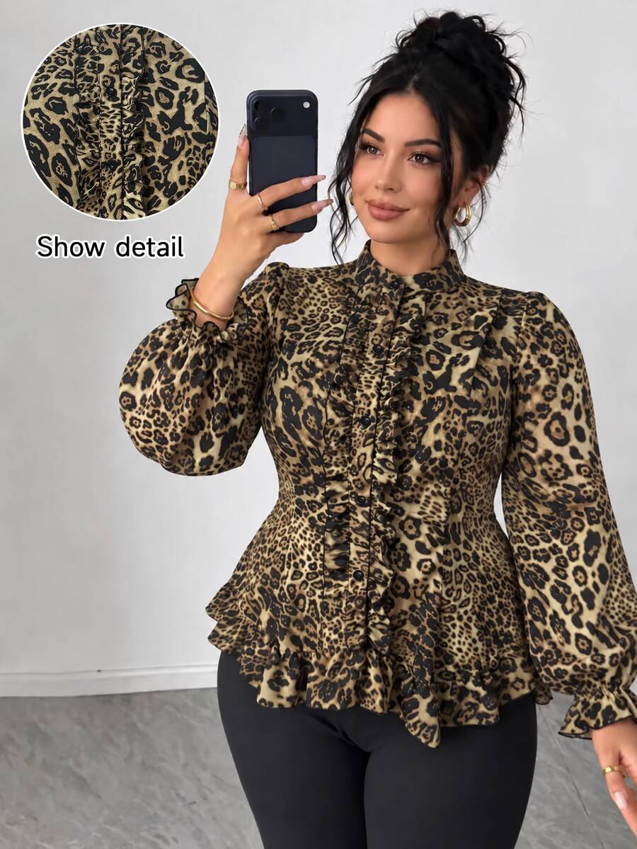 Elenzga Plus Size Stand Collar Slim Fit Elegant Leopard Print Asymmetrical Hem Frill Trim Patchwork Collar Ruffle Wood Frill Trim Elegant Commuter Long Sleeve Blouse - Brown - View 1
