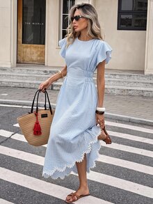 Serisse 女款格紋圓領荷葉邊短袖優雅長洋裝 - 彩色 - 查看 1