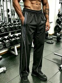 GymBeat Men's Letter Print Drawstring Waist Pocket Sports Long Pants - Black - View 5