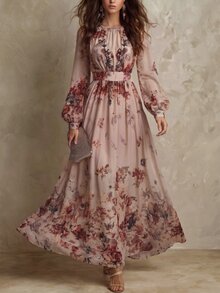 LUMIGAL 復古時尚花卉印花優雅修身A字收腰通勤女裝洋裝 - 彩色 - 查看 5