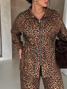 SHEIN LUNE CURVE Women's Plus Size Autumn Leopard Print Zipper Jacket And Pants 2 Pieces Set, Suitable For Daily Wear, Casual And Elegant Fall - Brown - View 4
