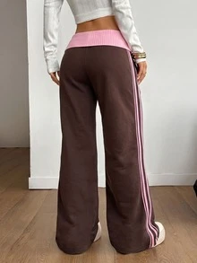 Coolane 女款 100%純棉街頭風運動休閒機場穿搭學院風復古日常 Y2K 羅紋針織棕色與粉色翻腰喇叭長褲 - 棕色 - 查看 6