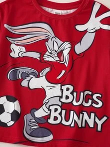 LOONEY TUNES X SHEIN Young Boy Letter Print Short Sleeve T-Shirt And Shorts Set - Red - View 5