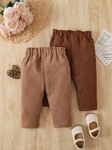 SHEIN Vintaside Kids 2件組女嬰燈芯絨長褲，可愛甜美棕色卡其色，彈性紙袋腰頭、前綴蝴蝶結，休閒戶外生日派對秋季舒適度假長褲 - 彩色 - 查看 2